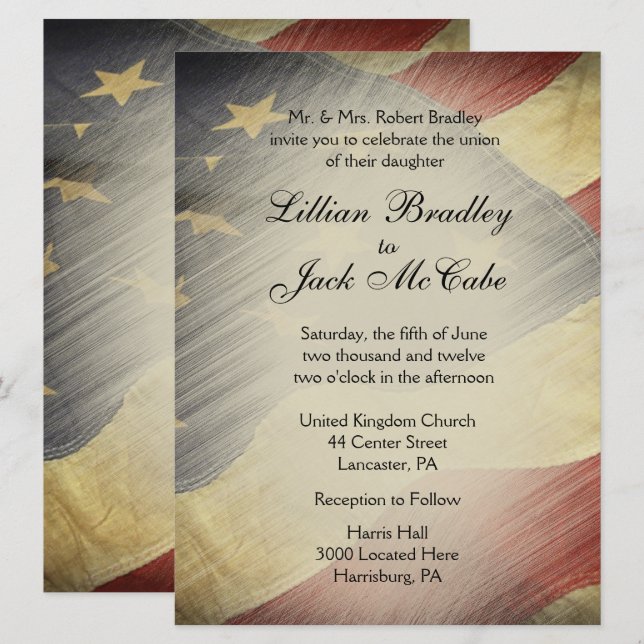 Patriotic Military American Vintage Flag Wedding Invitation (Front/Back)