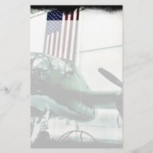 Patriotic Military WWII Plane with American Flag Stationery