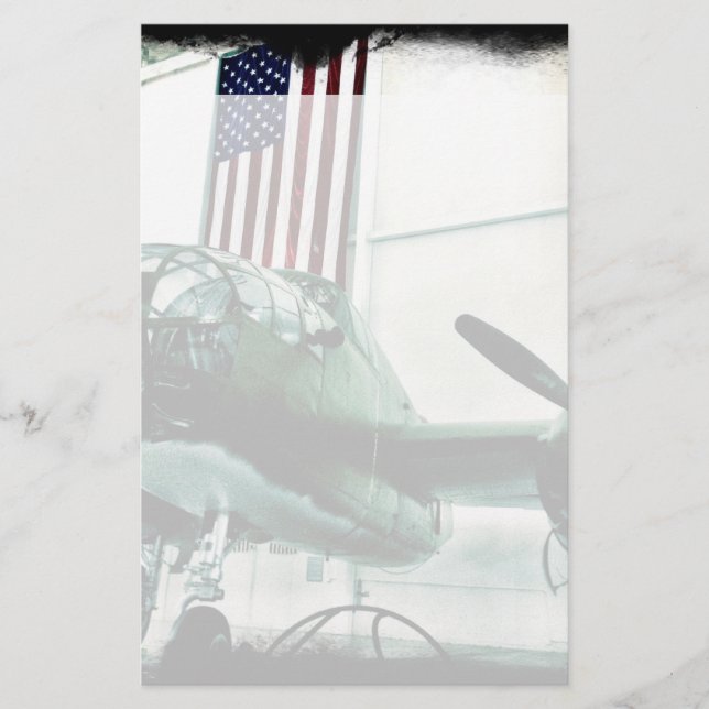 Patriotic Military WWII Plane with American Flag Stationery (Front)
