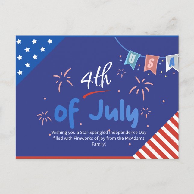 Patriotic Minimalist Fireworks Greetings Holiday Postcard (Front)