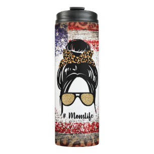 Patriotic Mom Life Design with Leopard Print Thermal Tumbler