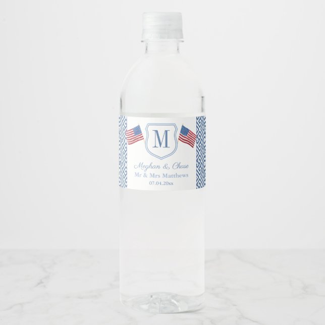 Patriotic Monogram American Flags Wedding Party Water Bottle Label (Front)