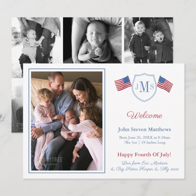Patriotic Monogram Photo Collage Baby Boy Birth Announcement (Front/Back)
