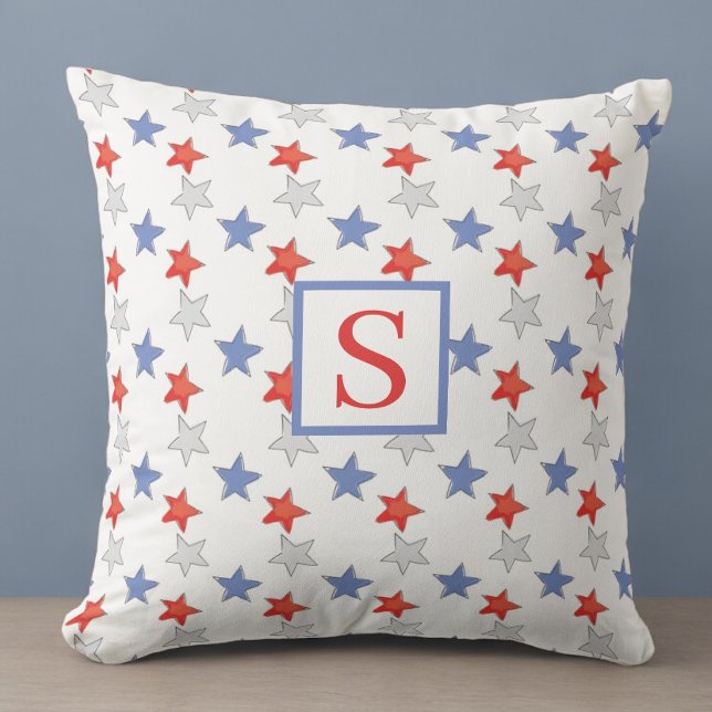 Patriotic Monogram Red White Blue Stars Throw Pillow (Creator Uploaded)
