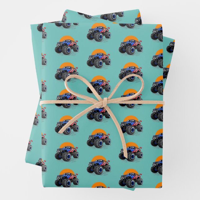 Patriotic Monster Truck Off Road Adventure Wrapping Paper Sheet (In situ)