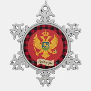 Patriotic Montenegro Flag, Red buffalo plaid Snowflake Pewter Christmas Ornament