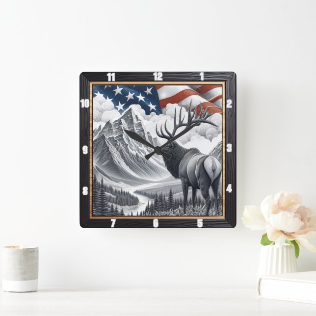 Patriotic Moose Mountain Landscape  Square Wall Clock (Home)