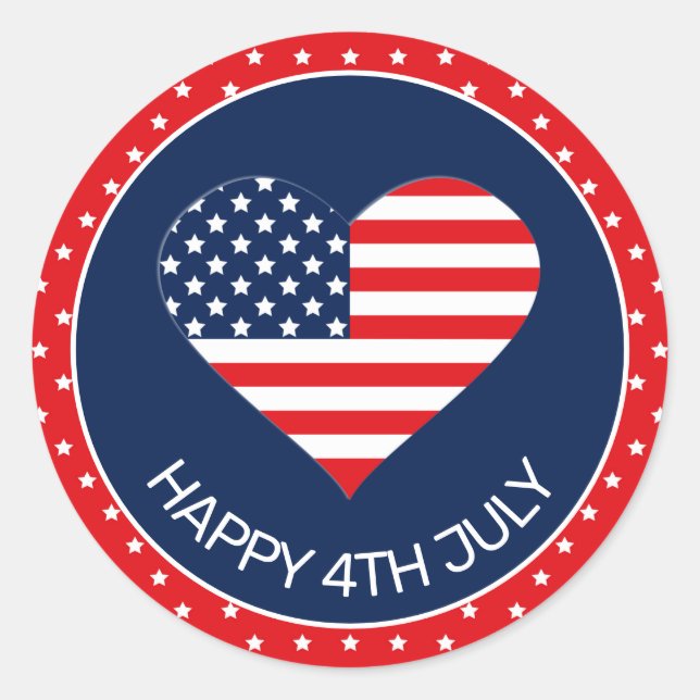 Patriotic Navy Blue, USA Flag Heart 4th July Classic Round Sticker (Front)