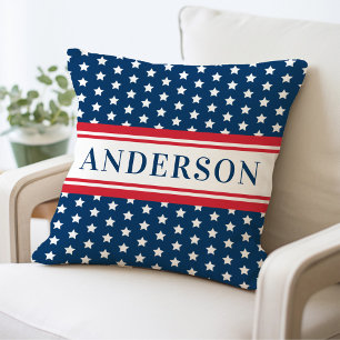 Patriotic Navy Star Stripe Family Monogram Throw Pillow