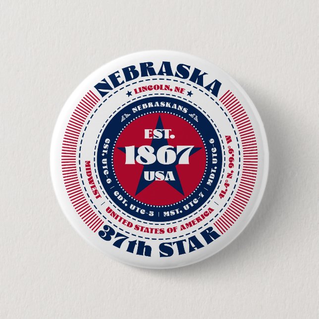 Patriotic Nebraska Circle with State Details 2 Inch Round Button (Front)