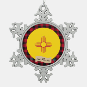 Patriotic New Mexico, plaid, New Mexican Flag Snowflake Pewter Christmas Ornament