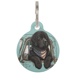 Patriotic Newf Pup in the Pickup Pet Tag