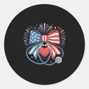 Patriotic Nurse Coquette Bow Usa Flag Stethoscope  Classic Round Sticker