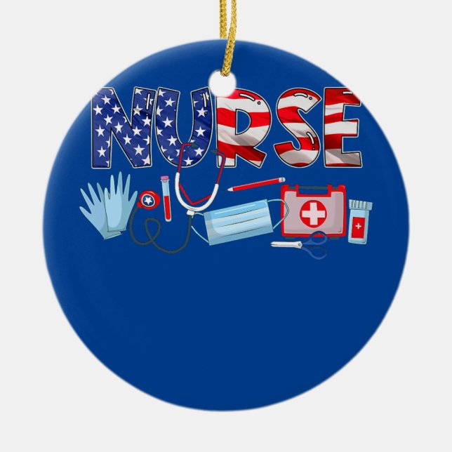 Patriotic Nurse Fourth of July 4th July US Ceramic Ornament (Front)