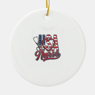 Patriotic Nurse USA Heart Stethoscope Shirt Design Ceramic Ornament