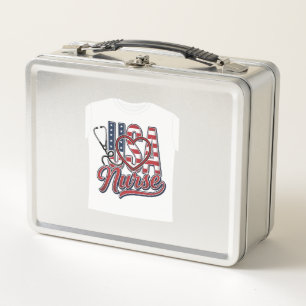 Patriotic Nurse USA Heart Stethoscope Shirt Design Metal Lunch Box