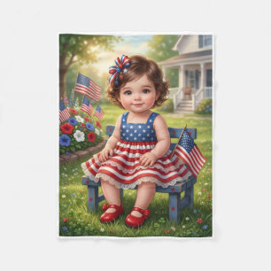 Patriotic Outfit Little Girl On Bench Fleece Blank Blanket