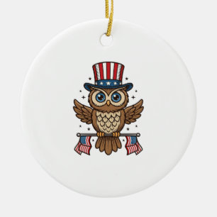 Patriotic Owl Vintage Engraving Graphic_1 Ceramic Ornament