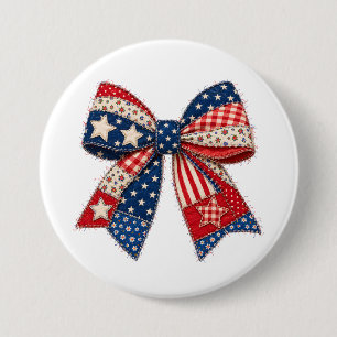 Patriotic Patchwork Bow with Stars, Stripes 3 Inch Round Button