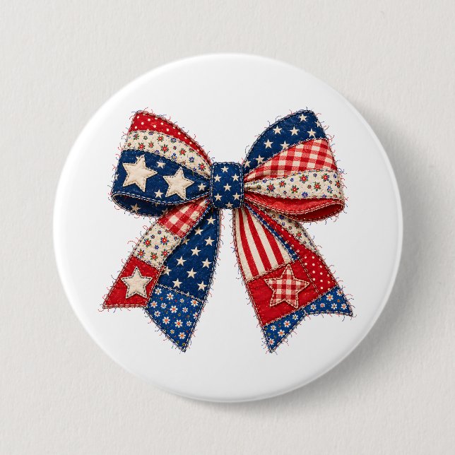 Patriotic Patchwork Bow with Stars, Stripes 3 Inch Round Button (Front)