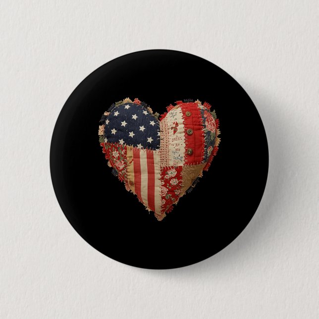 Patriotic Patchwork Heart Americana Flag Folk Art 2 Inch Round Button (Front)