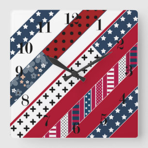 Patriotic, patchwork square wall clock
