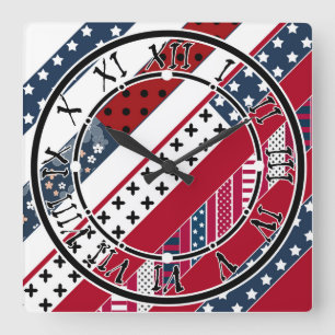 Patriotic, patchwork square wall clock