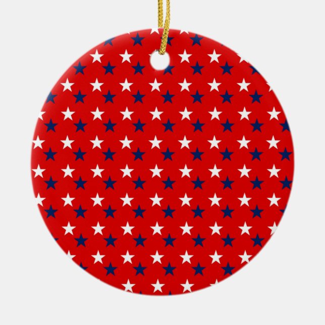 Patriotic Pattern Stars on Red Ceramic Ornament (Front)