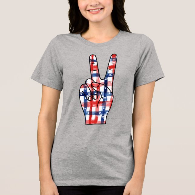 Patriotic Peace Sign Hand Abstract US Flag Pattern Tri-Blend Shirt (Front)