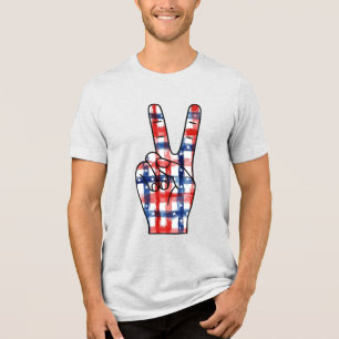 Patriotic Peace Sign Hand Abstract US Flag Pattern Tri-Blend Shirt
