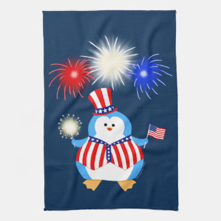 Patriotic Penguin With Fireworks Kitchen Towel