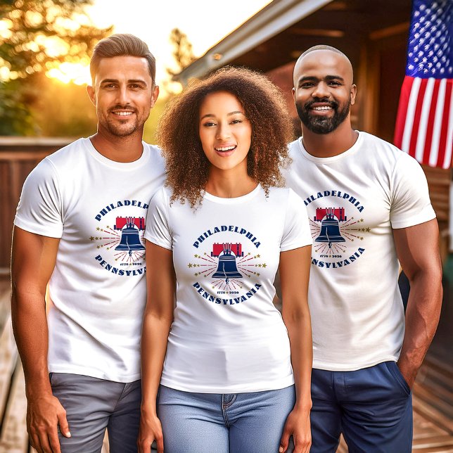 Patriotic Pennsylvania Liberty Bell T-Shirt (Three friends wear the Philadelphia Liberty Bell T-shirt designed by The American Family.)