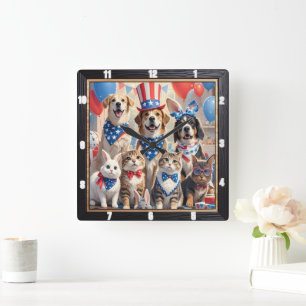Patriotic Pets American Flag Square Wall Clock