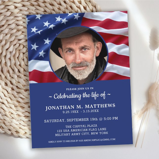 Patriotic Photo American Flag Celebration Of Life Invitation Postcard (Creator Uploaded)