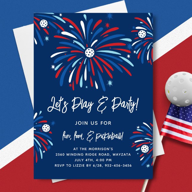 Patriotic Pickleball & Fireworks 4th of July Party Invitation (Creator Uploaded)