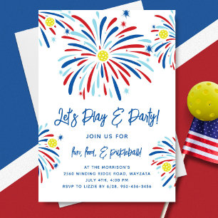 Patriotic Pickleball & Fireworks 4th of July Party Invitation