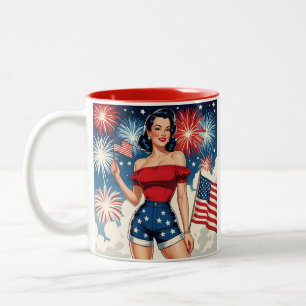 Patriotic Pin-Up Girl – Retro 4th of July Style Two-Tone Coffee Mug