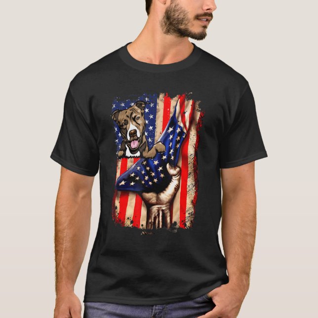 Patriotic Pit Bull American Flag Dog T-Shirt (Front)