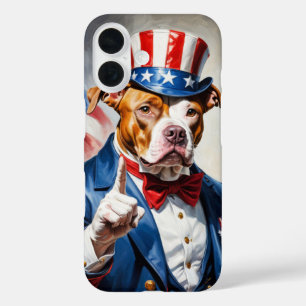 Patriotic Pitbull dog in Uncle Sam pose iPhone 16 Case