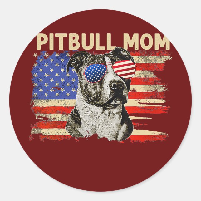 Patriotic Pitbull Mom 4th of July American Flag Classic Round Sticker (Front)