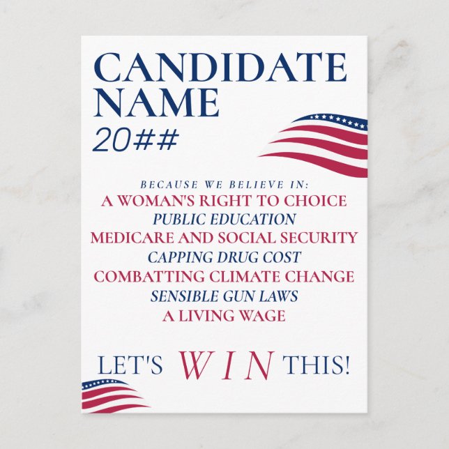Patriotic Political Campaign Candidate Custom Name Postcard (Front)