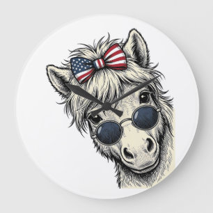 Patriotic Pony With Sunglasses Vintage Vector Desi Large Clock