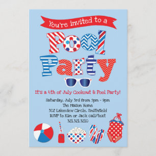 Patriotic Pool Party Invitation - Red White Blue