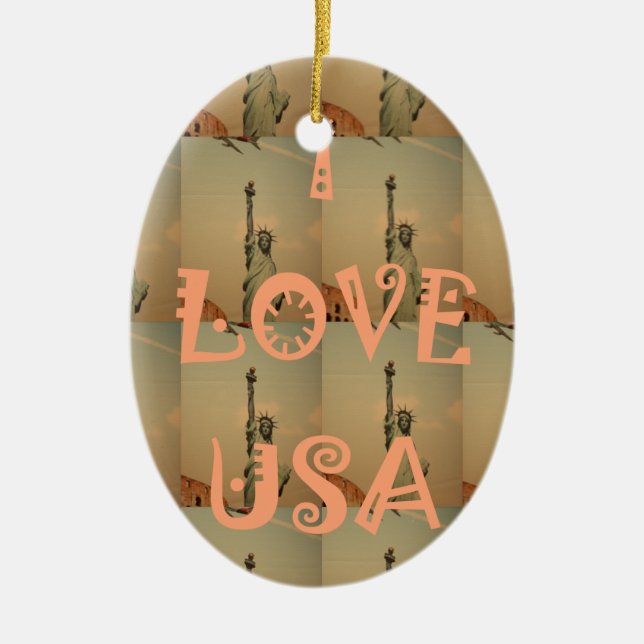 Patriotic Pop Art: "I Love USA" Graphic Art Design Ceramic Ornament (Front)