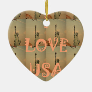 Patriotic Pop Art: "I Love USA" Graphic Art Design Ceramic Ornament