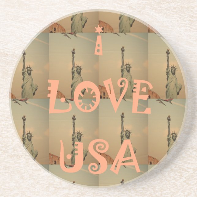 Patriotic Pop Art: "I Love USA" Graphic Art Design Coaster (Front)