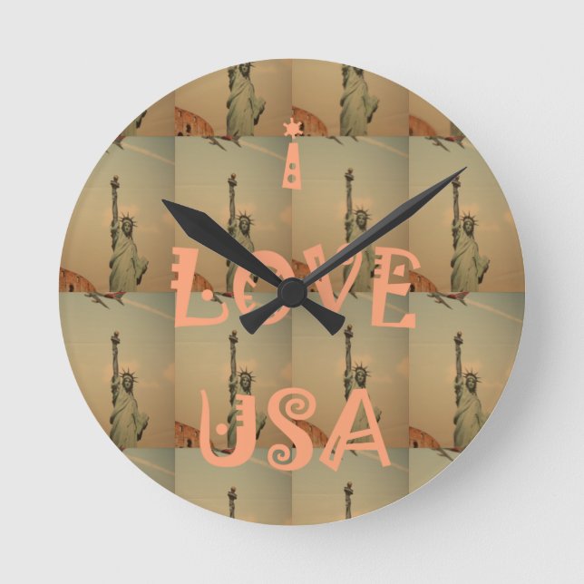 Patriotic Pop Art: "I Love USA" Graphic Art Design Round Clock (Front)