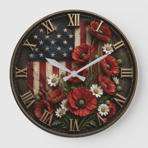Patriotic Poppy Flowers American USA Flag Floral  Large Clock