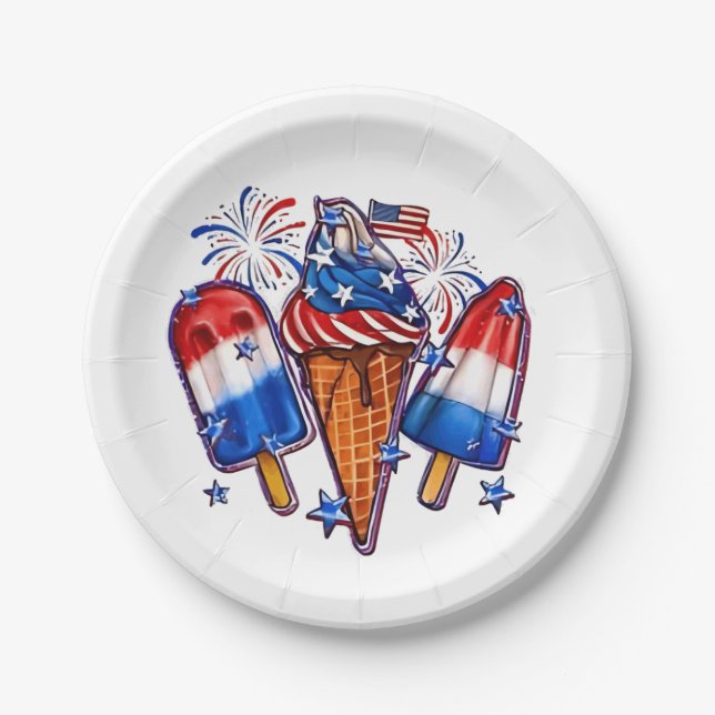 Patriotic Popsicles Ice Cream 4th of July Paper Plate (Front)