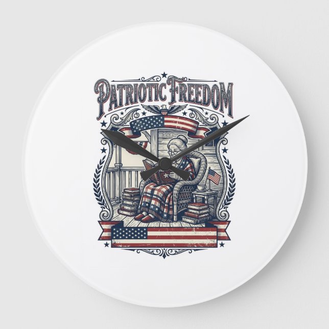 Patriotic Porch Bookworm Vector Graphic Tee Large Clock (Front)